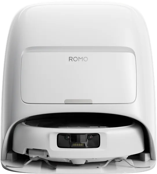 DJI ROMO A dockad i sin vita basstation, sedd rakt framifrån