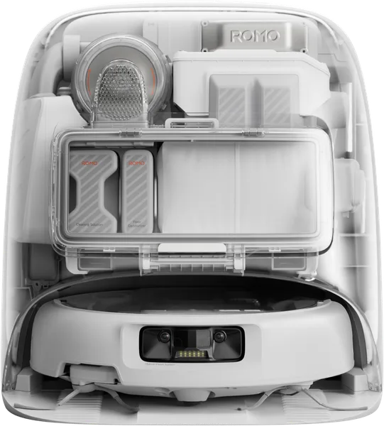 DJI ROMO P med genomskinlig robot och genomskinlig basstation, sedd framifrån