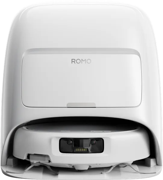 DJI ROMO S, vit robotdammsugare dockad i sin vita basstation med vattentankar