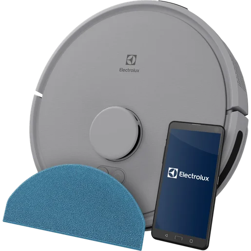 Electrolux 700 Robotdammsugare ER71HW1UG i grått sedd ovanifrån med moppduk och Electrolux-appen