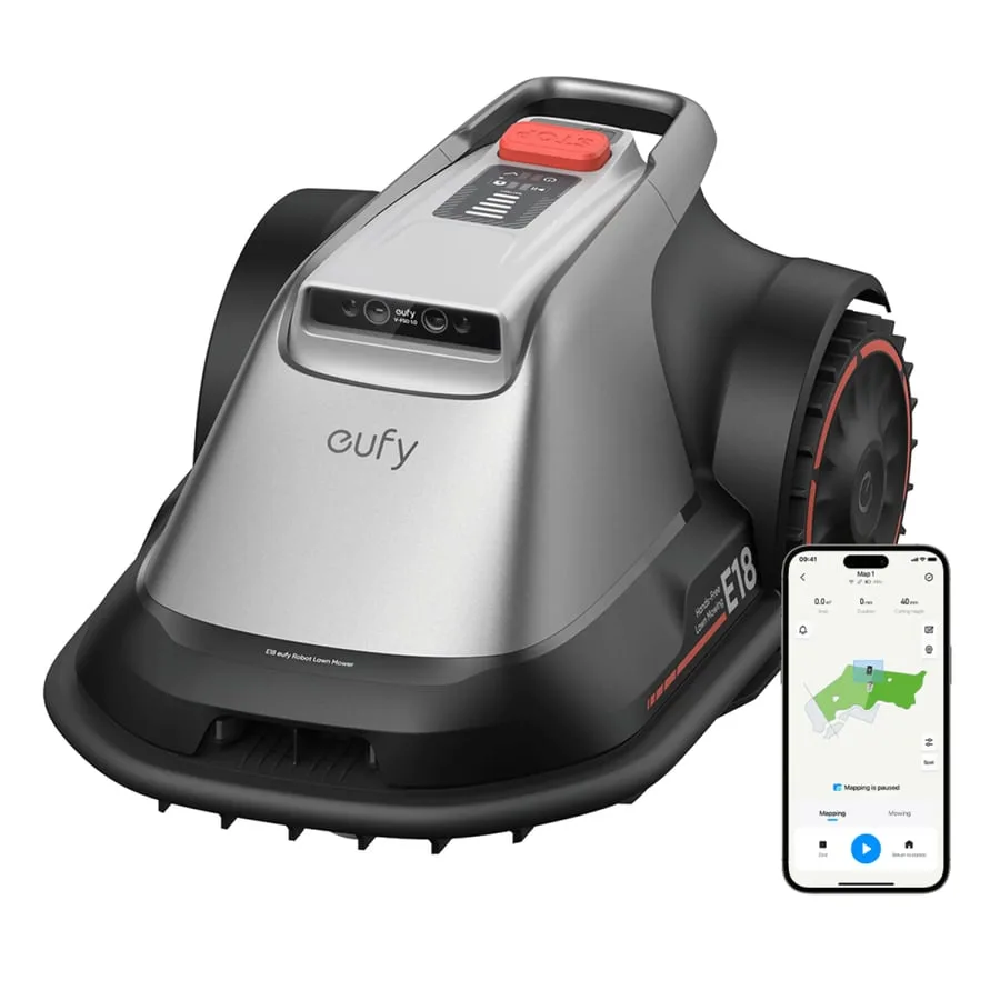 Eufy E18 robotgräsklippare i silver och svart med appvy vid sidan