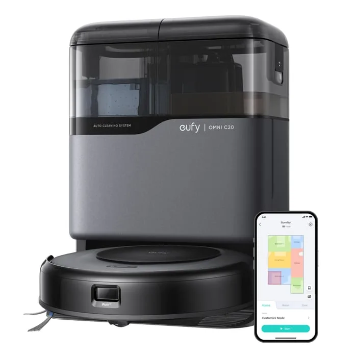 eufy Omni C20, låg svart robotdammsugare framför sin basstation