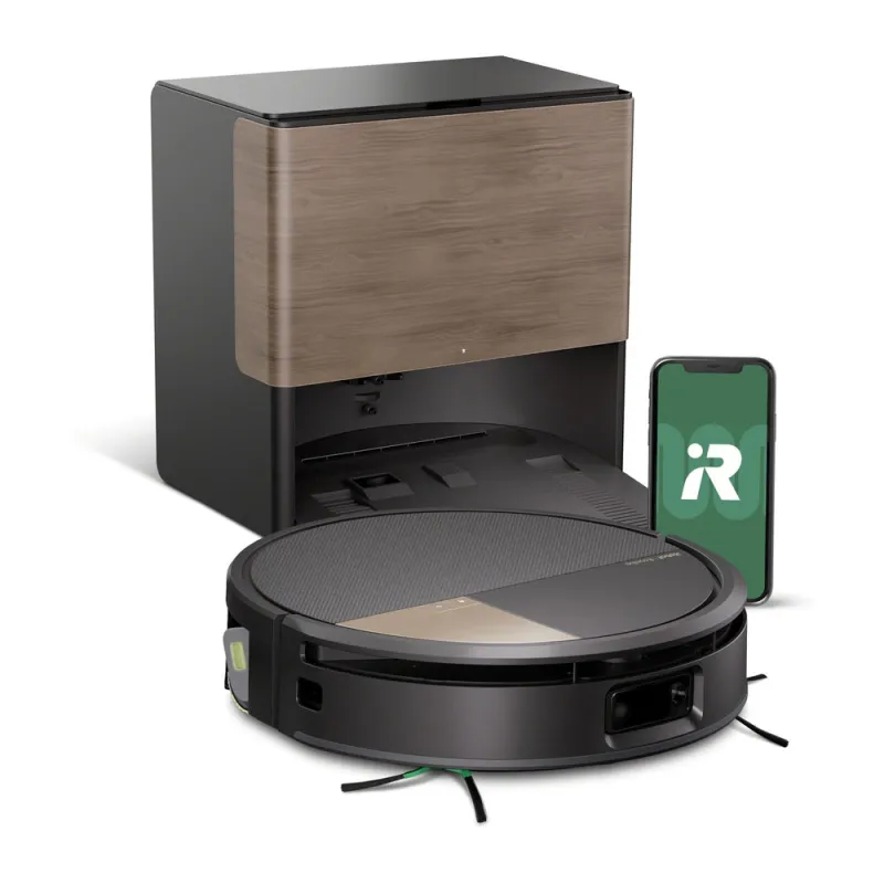 iRobot Roomba Max 775 Combo i svart framför sin AutoWash-station