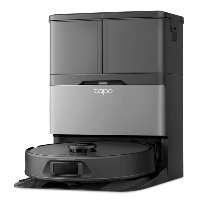 TP-Link Tapo RV50 Pro Omni, svart robotdammsugare i sin basstation
